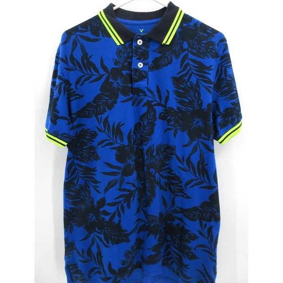 AMERICAN EAGLE SHORT SLEEVE POLO SHIRT Men's Size Medium BLUE TROPICAL FLORAL - Picture 2 of 5